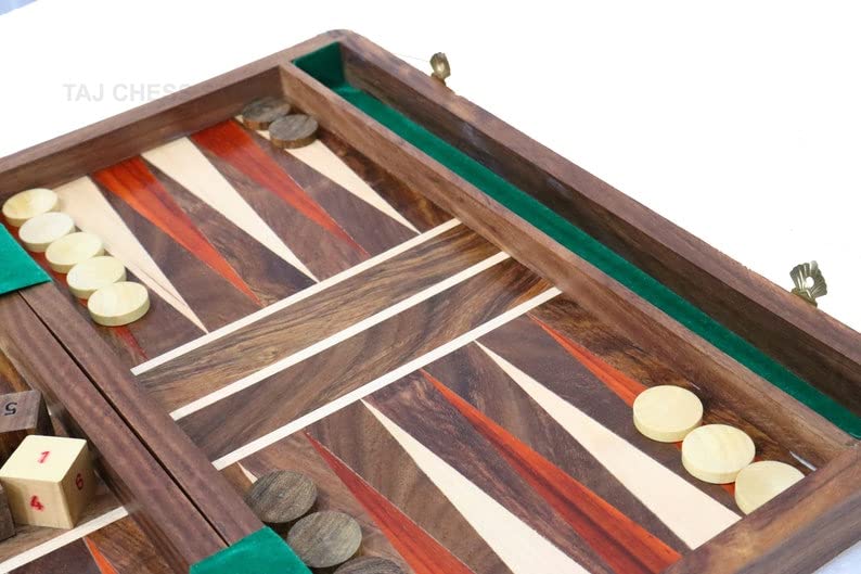 Set Backgammon pieghevole - Tavola da viaggio Backgammon in palissandro dorato da 14" (Sheesham) - Taj Chess Store