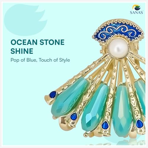 Image of Sanas Hair Clips For Women (1Pcs) Stylish Pearl Hair Accessories For Women Wedding Ready Style Korean Cute Things Traditional Yet Trendy Stylish Hair Clips For Girls Accessories (1Pcs) (Golden-Blue)