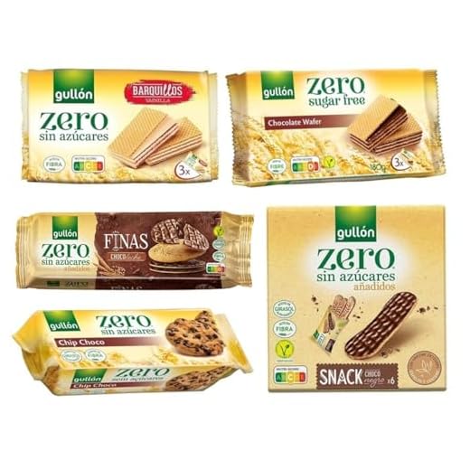 Gullón Zero Zuckerfrei Keks – 5-Sorten-Assortiment: Vanille- & Schoko-Waffeln, Finas Choco Leche, Snack Choco & Chip Choco – ohne Zuckerzusatz, ballaststoffreich – Mixpackung