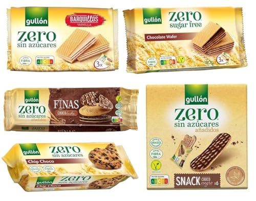 Gullón Zero Zuckerfrei Keks 5-Sorten-Assortiment: Vanille- & Schoko-Waffeln Finas Choco Leche Snack Choco & Chip Choco ohne Zuckerzusatz ballaststoffreich Mixpackung