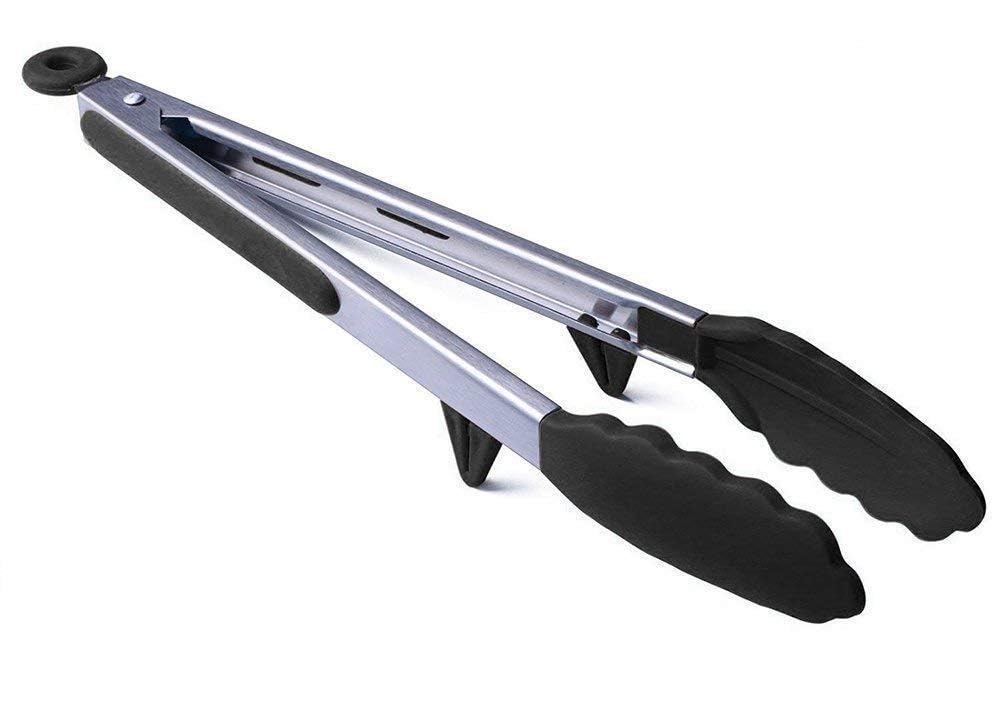 Styxon Virign Silicone Cooking Tongs Kitchen Food Tong Stainless Steel Material with Heat Resistant Premium Silicone Grip for BBQ Grilling Turner | 12 Inch Black