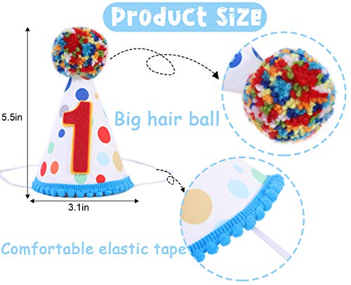 Baby 1st Birthday Party Hat - Primary Colors, Handmade Birthday Hat for Baby Girls/Boys, Confetti Cone Hat with Colored Fur Balls, Size 5 1/2, Suitable for Babies around 1 Year Old2