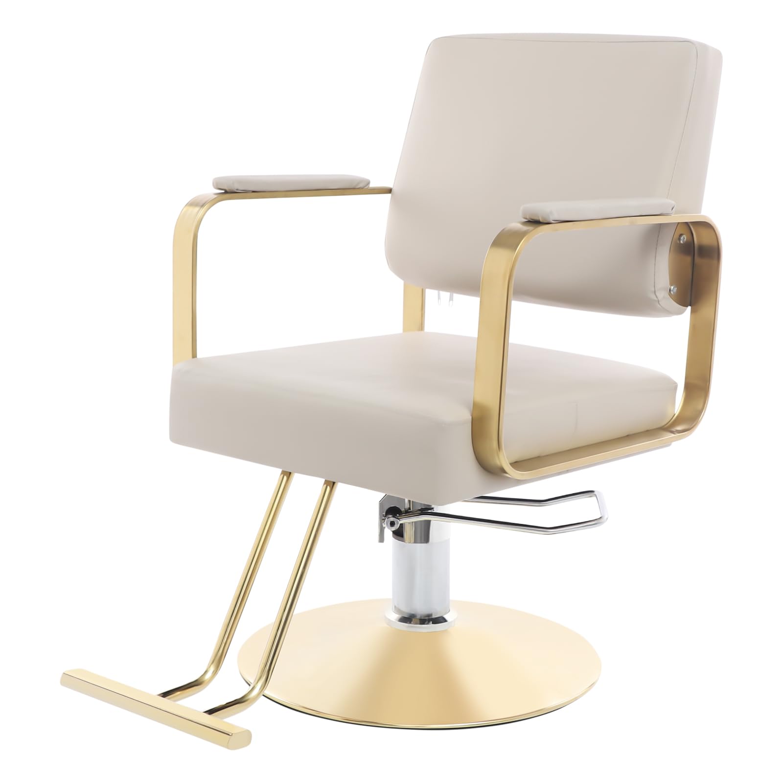 Premium Barber Salon Chair, Heavy-Duty 440lbs Capacity, 360° Swivel &amp; Height Adjustable, Ergonomic Design with High-Resilience Sponge, Modern Style for Home &amp; Professional Use (Beige + Gold)
