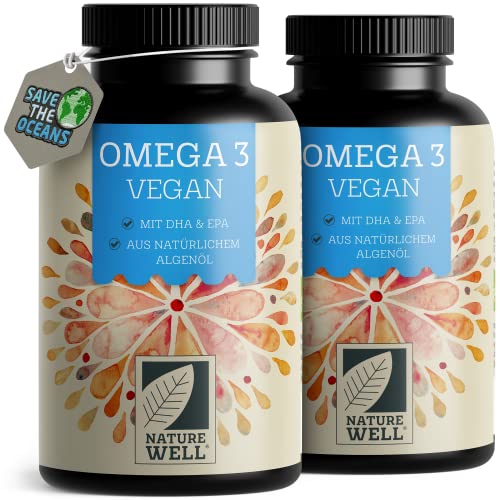 Omega-3 Vegan 180 Kapseln hochdosiert, 2000mg Omega-3 Algenöl pro Tag mit 600mg DHA & 300mg EPA, veganes Omega aus nachhaltigem Anbau als Fischöl-Alternative, laborgeprüft mit Zertifikat, NatureWell 1