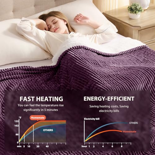Image of Homemate Electric Heated Blanket King Size - 100 inchx90 inch Heating Blanket King Size Dual Control 1 /2 /4 /6 /8 Hours Auto-Off 10 Heat Level Over-Heat Protection Soft Flannel Sherpa ETL Certification