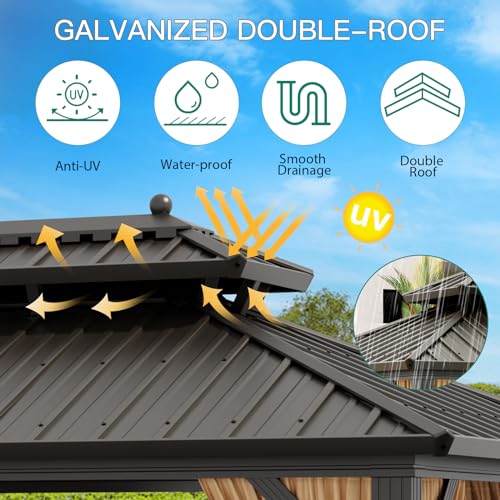 10x13ft Double Roof Hardtop Gazebo, Heavy Duty Galvanised Steel Hardtop Pavilion with Nettings and Curtains, Metal Roof Gazebo for Patio, Terrace, Lawn and Deck, Brown