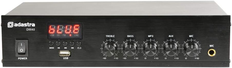 समोर view of Adastra DM40 amplifier with controls labeled