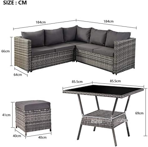 Zhanhao Rattan Garden Furniture Set, 7 Seater Corner Sofa Dining Set Wicker Outdoor Patio Sofa Set with Table and Seat Cushions, 184*184*66cm