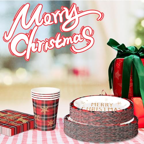 Nitial 240 Pcs Christmas Paper Plates and Napkins Serve 30 Guests Christmas Party Supplies Disposable Xmas Tableware Set Plates Napkins Cups with Knife Fork Spoon(Red,Plaid Style) – Image 6