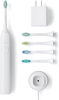 Brushmo Super Sonic Electric Toothbrush with 4 Replacement Heads - Rechargeable Electronic Tooth Brush for Adults with 5 Customizable Modes - IPX7 Waterproof & Long-Lasting Battery - White