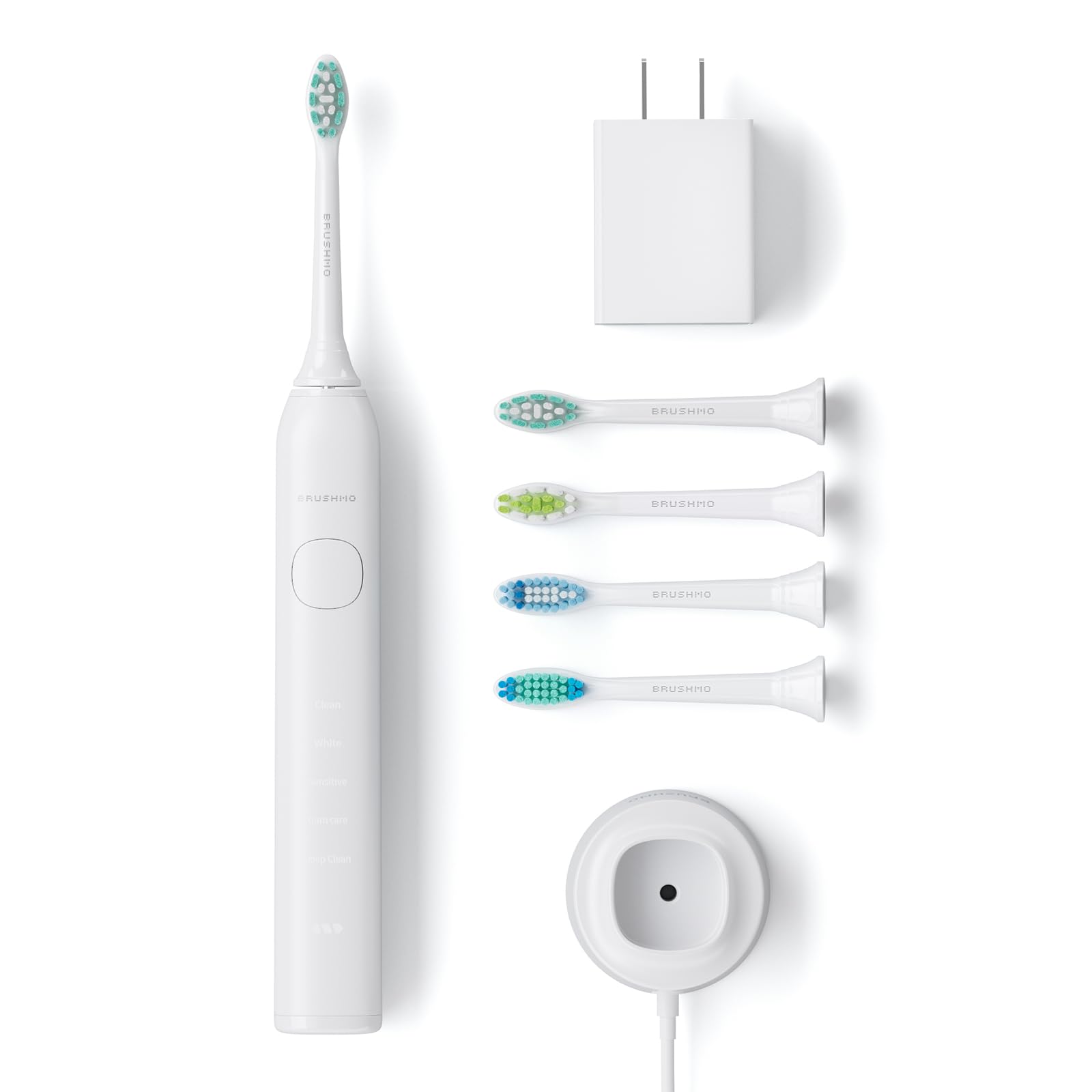 Brushmo Super Sonic Electric Toothbrush with 4 Replacement Heads - Rechargeable Electronic Tooth Brush for Adults with 5 Customizable Modes - IPX7 Waterproof & Long-Lasting Battery - White