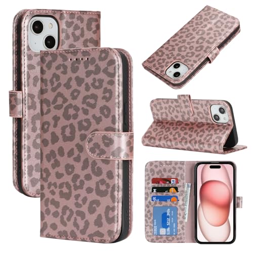 Image of for iPhone 15 Plus Case Wallet with Card Holder,for iPhone 14 Plus Wallet Case for Women Men,PU Leather Shockproof Magnetic Buckle Stand Flip Phone Case-Rose Gold Leopard