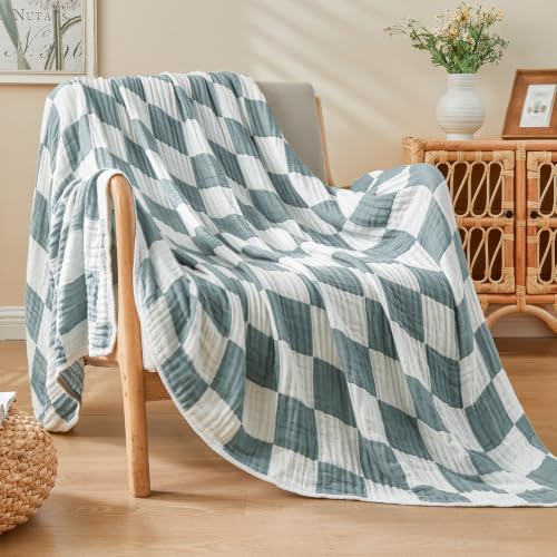 Image of EMME Cooling Muslin Twin XL Blanket - Checkered Lightweight Summer Cotton Blankets of Rayon Derived from Bamboo for Hot Sleepers, Ultra Soft Breathable All Season Gauze