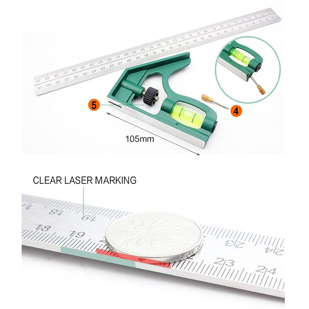 HBJWOV 12''Adjustable Protractor Angle Ruler Combination Square Ruler Stainless Steel Bubble Level 300mm Carpenter Measure Tool
