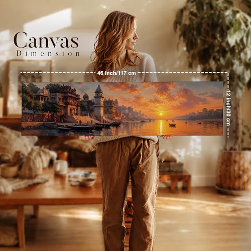 Image of Varanasi Ghats Sunset Stretched Canvas Wall Art Painting for Living Room, Abstract Spiritual Ganga Banaras Cityscape Canvas Wall Decor For Livingroom, Bedroom, Office, Hallway's, Hotel 12x46 Inch