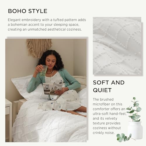 Image of Bedsure Twin XL Comforter Set - White Comforter, Boho Tufted Distressed Vintage Bedding for Kids, 2 Pieces Farmhouse-Style Bed Set for All Seasons, Fluffy Soft Bedding with 1 Pillow Sham