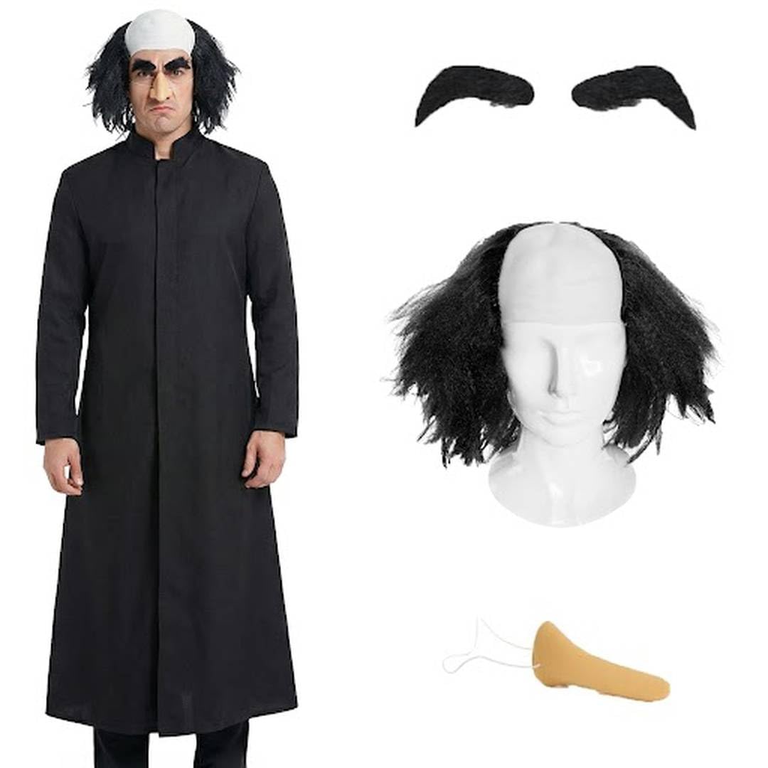 Adults Gnome Wizard Villain Costume Set - Long Black Sorcerer Robe with Bald Black Wig, Large Prosthetic Nose and Bushy Eyebrows - Fancy Dress for Halloween and Cartoon Theme Parties