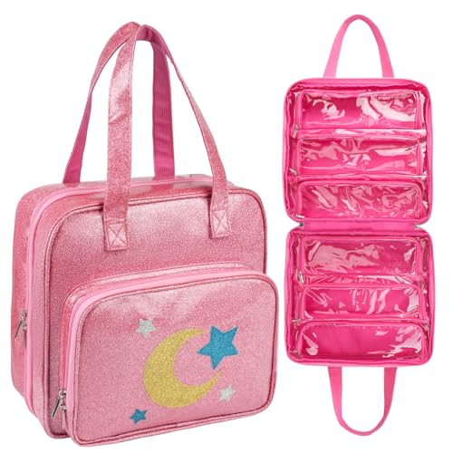 Jaffzora Estojo de transporte de bonecas compatível com bonecas LOL Surprise, bolsa de armazenamento de brinquedos de viagem com 6 bolsos transparentes para meninas, Rosa, Medium, Sacola