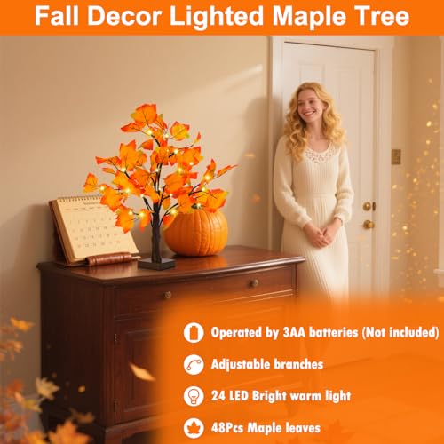 Fall Decor 2 Pack Fall Trees Artificial Lighted Maple Tree Thanksgiving Decor 48 LED Table Fall Lights Up Tree Battery Operated for Wedding Party Gifts Indoor Outdoor Autumn Harvest Home Decorations