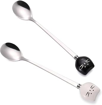 Cute Cat-Shaped Coffee Spoon Set - Black and White Cat Design Stainless Steel Tea Spoons for Kitchen Utensils