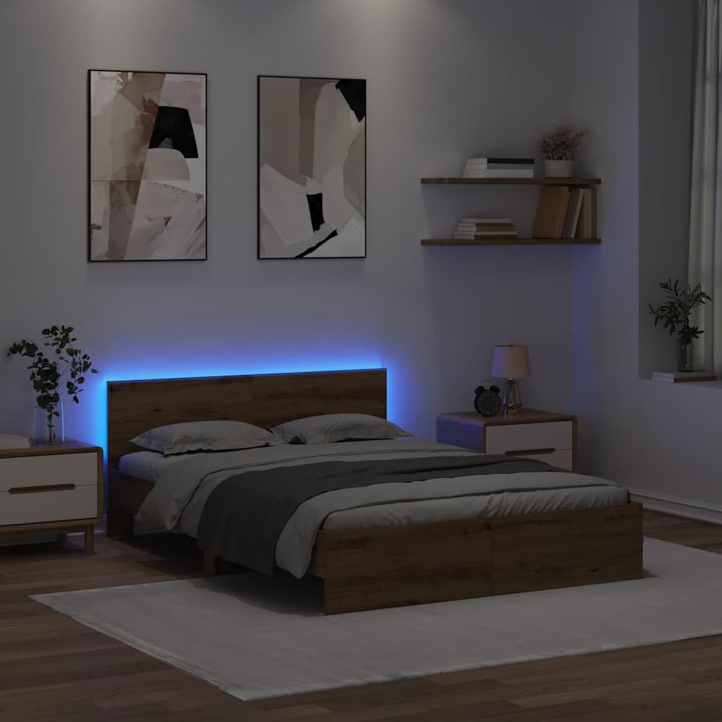 Brokky Cama 135x190 con cabecero y Luces LED Estructura Cama de Madera Cama Matrimonio con somier y Base Cama Juvenil-Roble artisan-135 x 190 cm