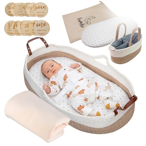 Image of Baby Changing Basket Set with Diaper Caddy Organizer, Multi Handle Handmade Boho Cotton Rope Basket with Portable Bag, Waterproof Pad, Milestone Markers, Blanket -Table Topper Changing Pad for Newborn