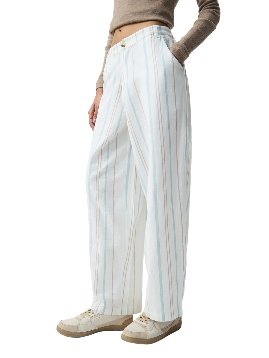 The Souled Store Cotton Linen Pants: Cruise Women Girls Elastic Waistband Off-White Striped Cotton Linen Blend Barrel Fit Lightweight Everyday Casual Pants in white