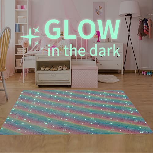 Rainbow Night & Twinkle Pattern Glow In The Dark Area Rug Area Rug For Living Room Bedroom Playing Room Size 5'X6' #TOP1