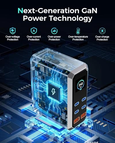 Image of USB C Charger Block, 240W GaN USB C 6-Port Charger Station, Laptop Power PD Adapter with Touch Control and Color Display, Charging Station for MacBook, iPhone, Samsung, Laptop, iPad, Desktop