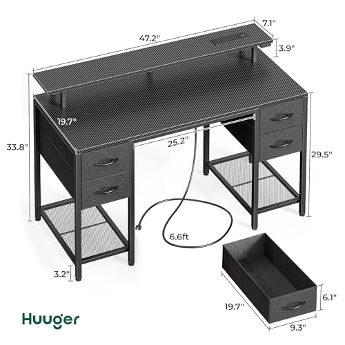 Image of Huuger 47 inch Computer Desk with 4 Drawers, Gaming Desk with LED Lights & Power Outlets, Home Office Desk with Large Storage Space for Bedroom, Work from Home, Carbon Fibre Black