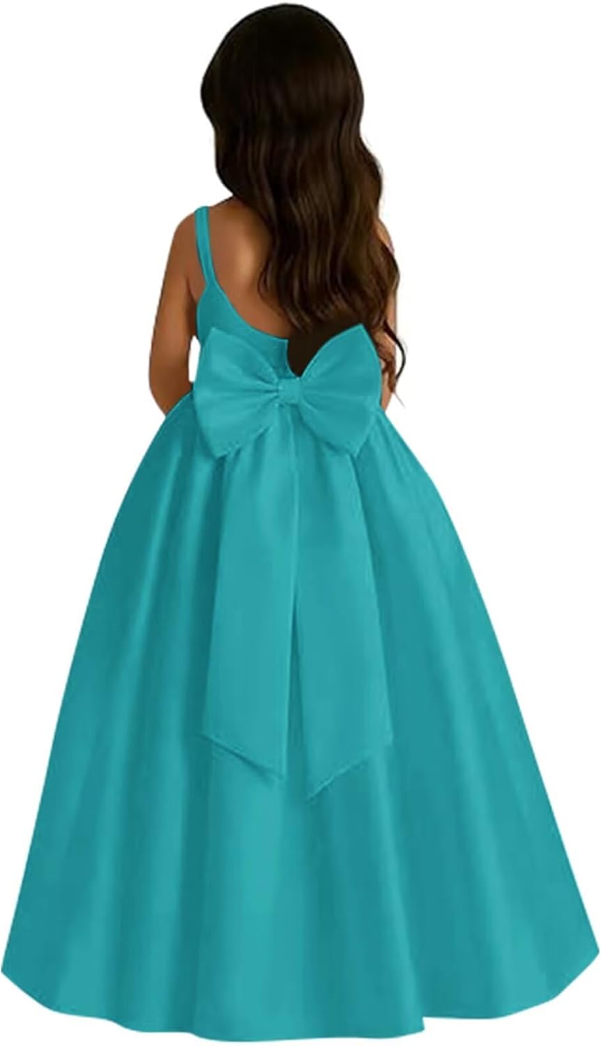 UZN Satin Flower Girl Dress for Wedding Long with Bow Sleeveless First Communion Dresses for Girls