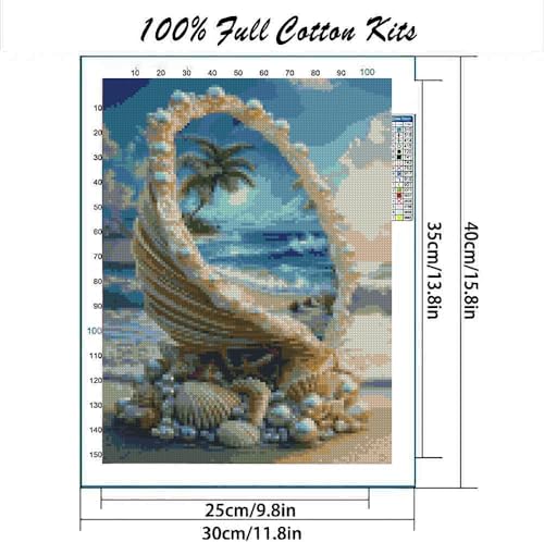 Image of Seashell and Summer Beach Stamped Cross Stitch Kits, Embroidery Starter Kit for Adult Beginners, 11CT Cross-Stitch Patterns Dimensions Kit Arts，Needlepoint Kit Crafts for Home Decor 15.7x11.8 inch