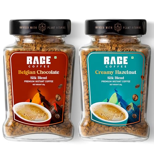 Rage Coffee Silk Blend Instant Coffee | Belgian Chocolate & Creamy Hazelnut Silk Blend Flavoured Coffee 60 GMs Each | Premium, Bold & Smooth | Pack of 2