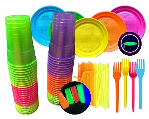 Copo Neon + Pratinho + Garfinho + Canudo Festa Neon (Amarelo)
