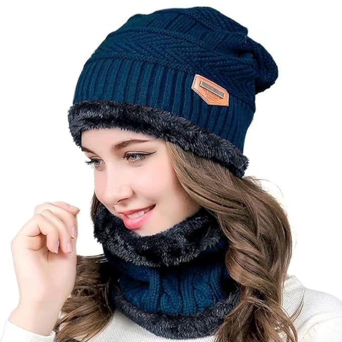 Velohome Wool Beanie Cap & Muffler Set for Men & Women – Soft Warm Woolen Winter Cap with Neck Muffler – Unisex Winter Cap & Scarf Combo