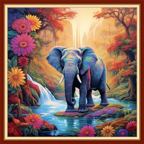 Image of Dimxvean Cross Stitch Kit, Elephant Flowers 18x18 inch, 11CT, Multicolor, All Ages, Unisex, Modern, HD Preprint, Extra Lines Provided