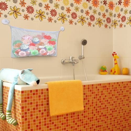 DIPZO Badewannen-Spielzeug-Aufbewahrungsnetz (35x45cm) mit Saugnäpfen & Klebehaken, Organizer für Kinder-Badewannenspielzeug, Netz zur Badezimmer-Aufbewahrung, Babyspielzeug-Tasche