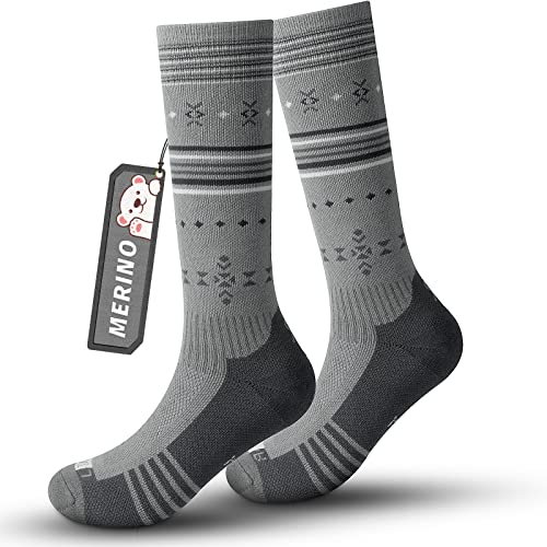 Skisocken Kinder Merinowolle Socken Jungen Mädchen, OTC Streifen Design Dick Gepolstert Knie Hoch Atmungsaktive Warme Compression Kinder Socken für Winter Outdoor-Sportarten 1Paar/2Paar
