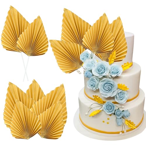 Ephlyn 6Pcs Paper Palm Fan Cake Topper Palm Spear Leaves Fan Cake Pick for DIY Cake Bakeware Baby Shower Wedding Bridal Shower Birthday Anniversary Party Cake Decorations Gold