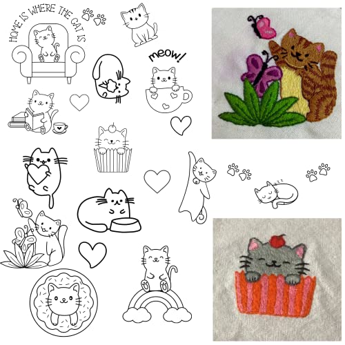Image of Cat Embroidery Patterns Kit - 24 Pc Fun Modern Peekaboo Porch Embroidery Design Transfers on Sulky Stick n Stitch Self Adhesive Wash Away Stabilizer for Beginners and Adults Hand Embroidery Sewing
