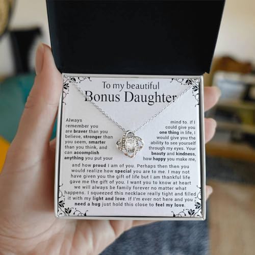 To My Bonus Daughter Necklace, Stepdaughter Necklace From Stepfather Stepmother, Bonus Daughter Birthday Gift From Stepdad Stepmom, Stepdaughter Gift With Message Card And Box2