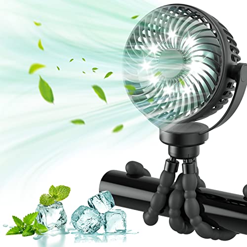 Timiyou Mini Portable Pram Fan, Rechargeable Clip-On for Stroller with 3 Speed, 360° Rotation & Flexible Tripod, Handheld Desk Cooling Fan for Travel & Crib