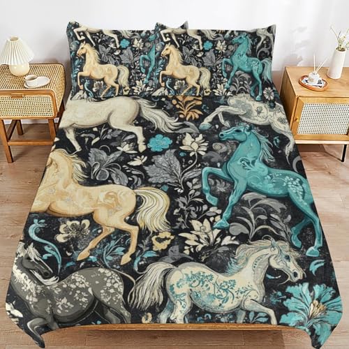 GMVVAC Juego de ropa de cama de patchwork con diseño de caballos de 3 piezas de microfibra suave con cremallera y 2 fundas de almohada, para niños, niñas, dormitorio, decoración