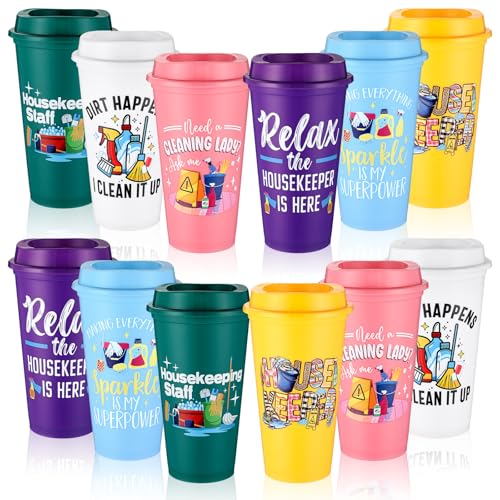 SiliFine 12 Pcs Housekeeping Appreciation Gifts Bulk 16 oz Tumbler with Lids Housekeeper Thank You Cups Reusable Travel Coffee Mug Housekeeper Gifts for Staff House Cleaner Domestic Worker