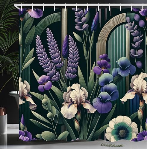 Ambesonne Lavender Shower Curtain, Mid Century Modern Boho Arch Details Jungle Atmosphere Blooming Flowers, Cloth Fabric Bathroom Decor Set with Hooks, 69" W x 70" L, Eggshell Green Purple