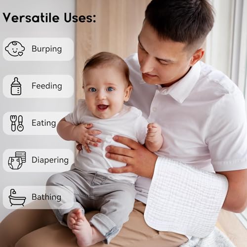 Image of Unnivoll Muslin Burp Cloths for Baby 100% Cotton Burping Cloths for Boys Girls Large 20''X10'' Extra Soft and Absorbent 12 Pack - White