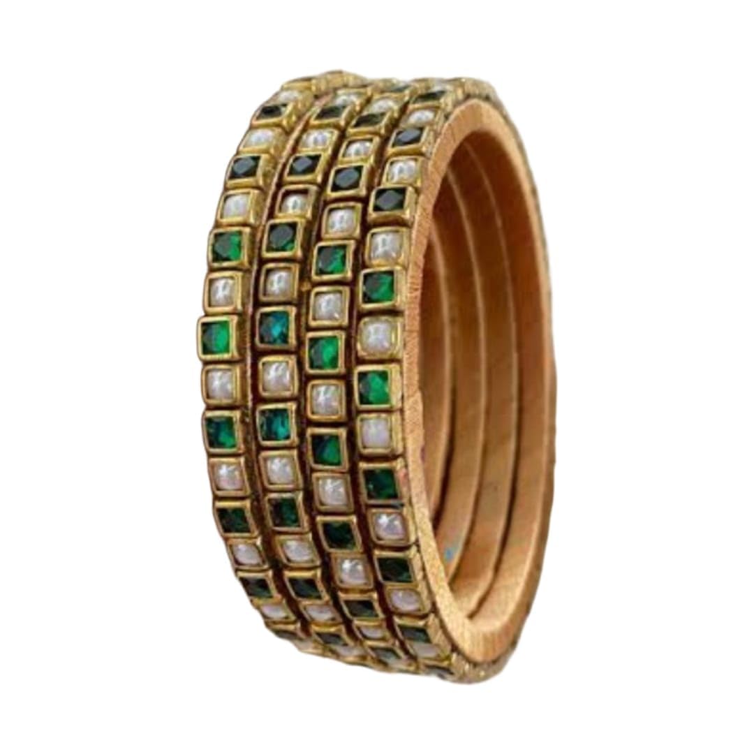 RIYA Connect Traditional Silk Thread Bangle with Kundan Stones, Green with Pearl White Color Kundan Stone and Thread, Set of 4-image-41