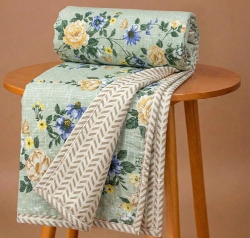 Image of HOMEKART Cotton AC Blanket for Single Bed (152 x 225 cm) | Reversible Soft Lightweight All-Season Blanket | Skin-Friendly & Breathable Comforter (Botanical Mint)