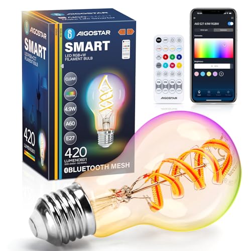 Aigostar Mesh-Bluetooth Smart Bulb LED 4.9W 420LM, Warm White 2700K & Dimmable RGB Colours, Compatible with Alexa Direct Connection, E27 Bulb A60