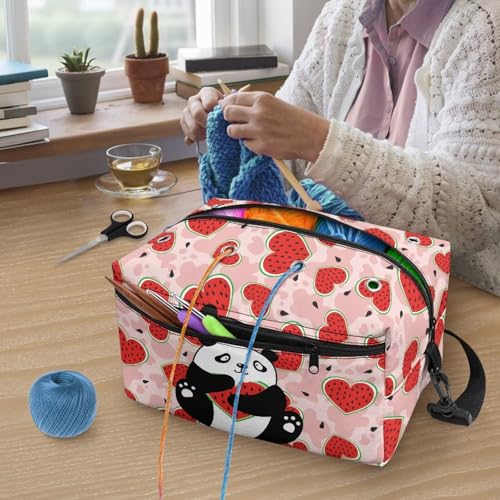 Image of Drnuikhe Cartoon Panda Print Yarn Bag Larger Crochet Bag Travel Yarn Bag with Shoulder Strap, Lightweight Craft Organizers and Storage Fit Knitting Crochet Supplies